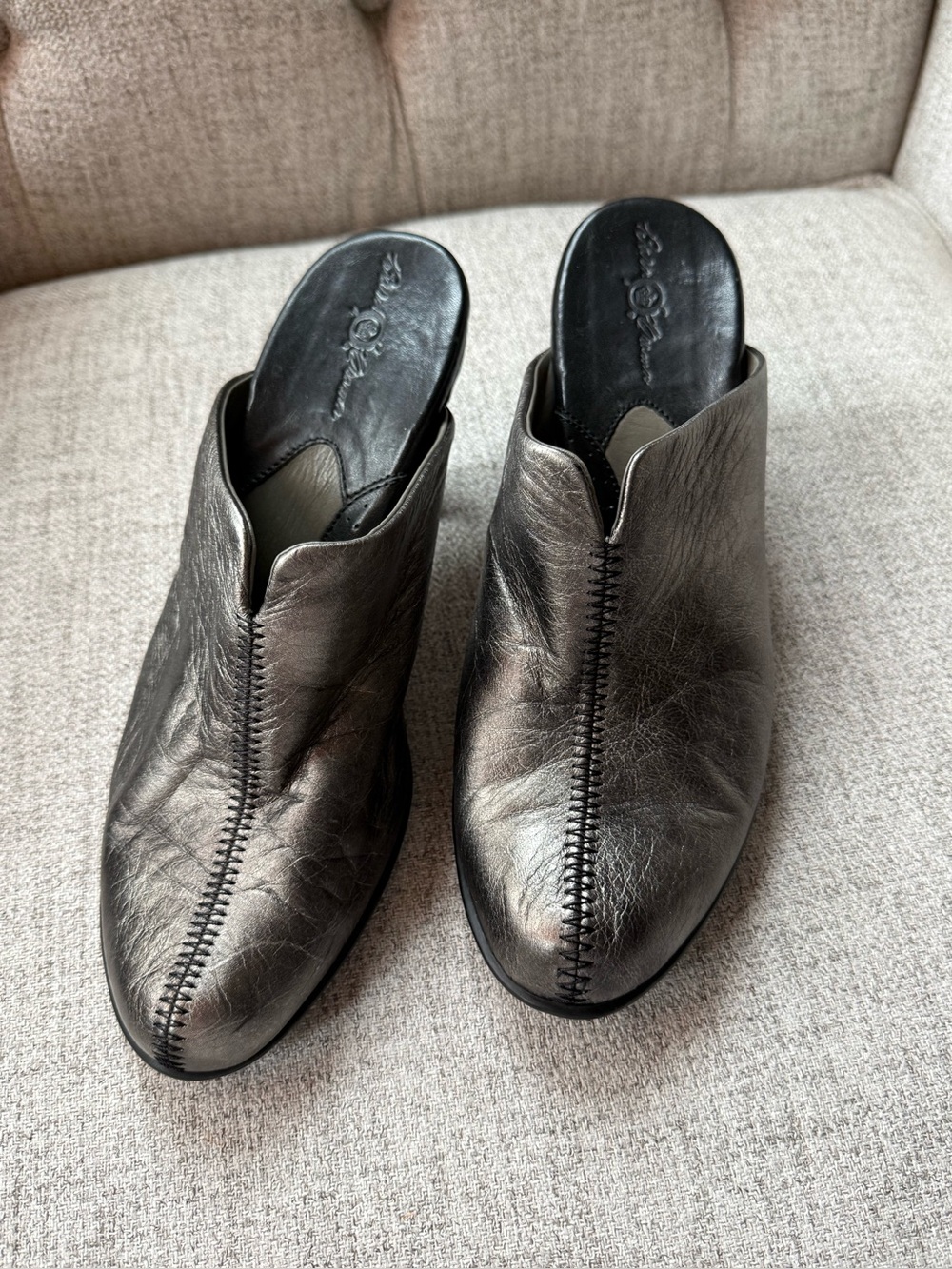 Born Crown Metallic Pewter Leather Mule Heels Whipstitch Size 7